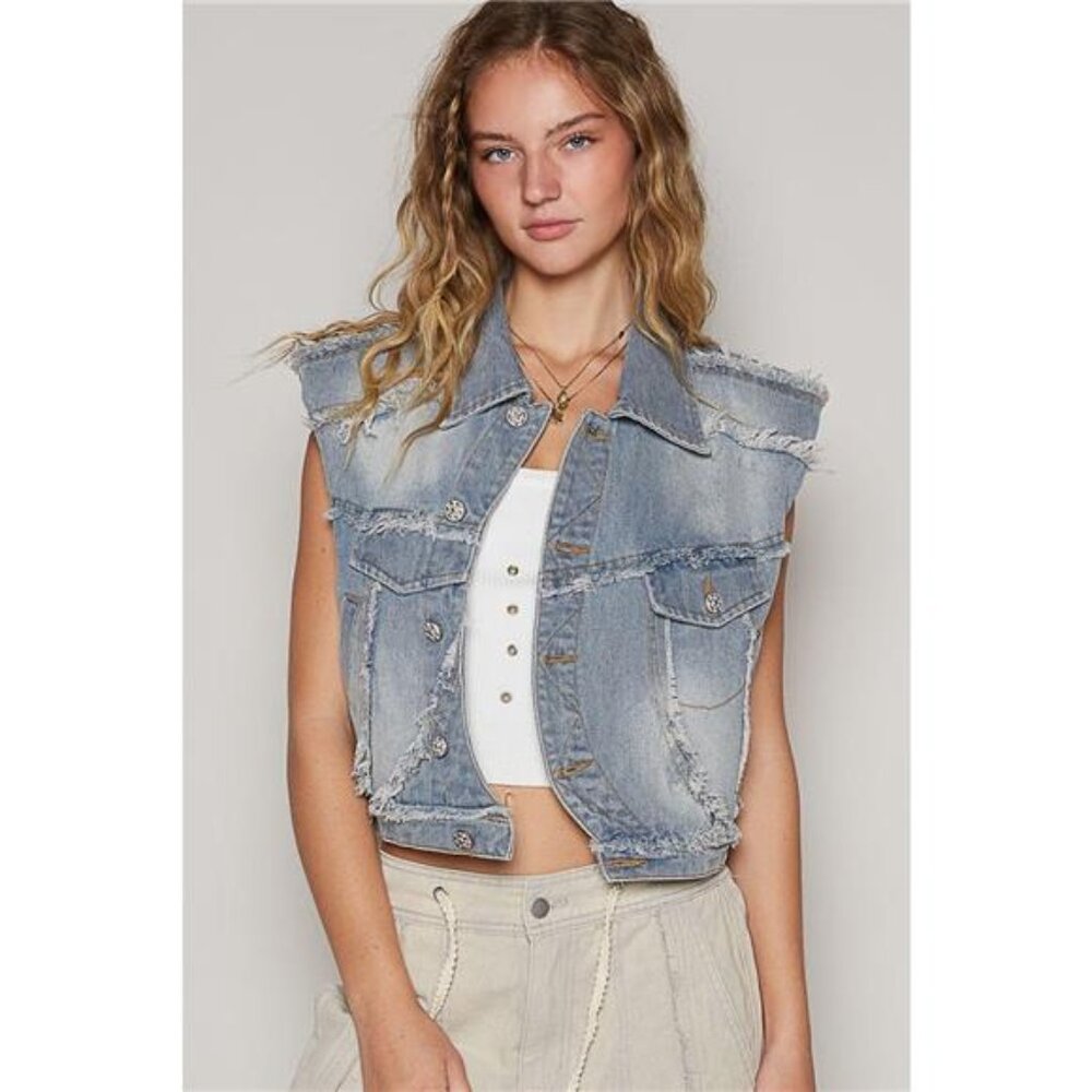 POL Assymetrical Front Closure Raw Hem Denim‎ Vest